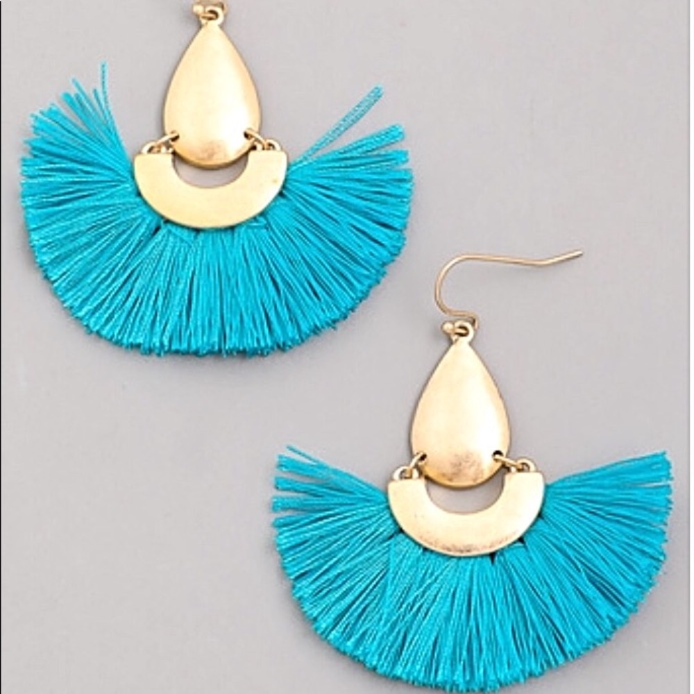 Penny teal and gold half moon fringe earrings